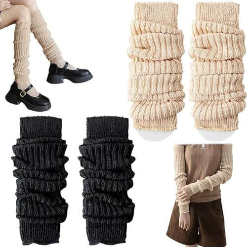 Mein HERZ Winter Stulpen Damen Legwarmers Häkelarbeit Gestrickte Fußwärmer Woll-Beinwärmer Für Damen (Schwarz+Khaki), Frühling und Herbst