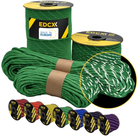 EdcX Reflective Paracord 550 4mm, 13 Colors, Hi-Vis (15m, 30m, 50m) | Reflective Green, 50 m – 100% Nylon 4mm, Type III 7 strand | Night Visibility, Camping, Guy Lines | Made in EU
