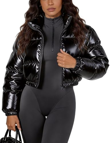 COZYPOIN Damen-Jacke, metallisch, glänzend, bauchfrei, langärmelig, Y2K, Reißverschluss, gepolstert, Daunen, Kurzmantel, Oberbekleidung