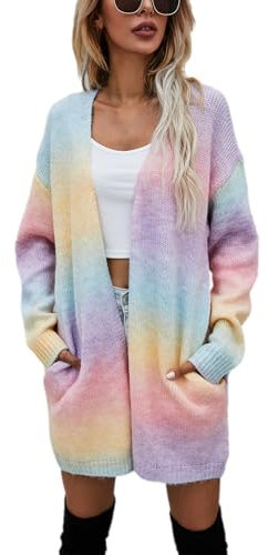 Jamron Donna Moda Tie-Dye Arcobaleno Cardigan Lungo Leggero Maglione Cappotto Rosa SN602C226 3XL
