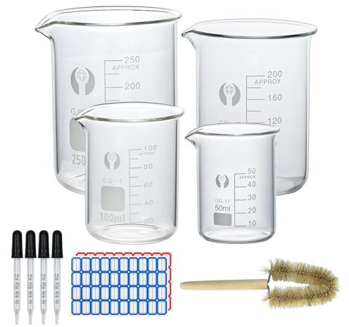 Reyshin 50ml 100ml 200ml 250ml Glass Beaker Set,4 Pack Measuring beakers with 4 Glass droppers, 1 Clean Brush,2 Stickers for lab Science Experiment Kitchen (50ml+100ml+200ml+250ml)