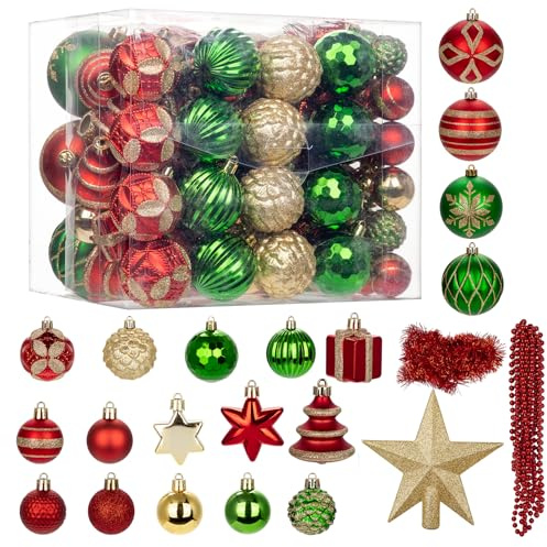 Hollyone 100PCS Weihnachtskugel Set Kunststoff, Bruchsicher Weihnachtsornamente, Verschieden Christbaumkugeln Hängeornamente für Weihnachtsbaum Feiertage Partys Home Deko, Gold Rot & Grün