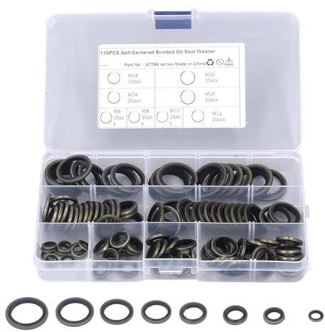 110PCS 8 Sizes Bonded Seal Washers, Crush Washer Oil Drain Plug Gasket Kit, Metal Automotive Car Engine Oil Drain Plug Sealing Washers Rubber Gasket O Ring M6 M8 M10 M12 M14 M16 M18 M20
