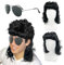 XNIVUIS Herren Vokuhila Perücke Schwarz Lockige Perücke Lang, 70er 80er Cosplay Kostüm Halloween Perücke Retro Disco Punk Rocker Perücken, Erwachsene Perücke Halloween Cosplay Kostüm Perücke (2 Pcs)