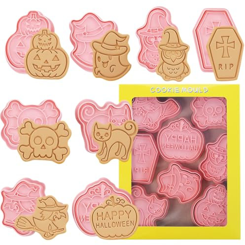Formine per Biscotti di Halloween, 8 Pezzi Plastica Stampi Biscotti 3D per Halloween, Bambini Stampi per Biscotti, Strega, Gatto, Zucca, Fantasma, Teschio Set formine per Biscotti