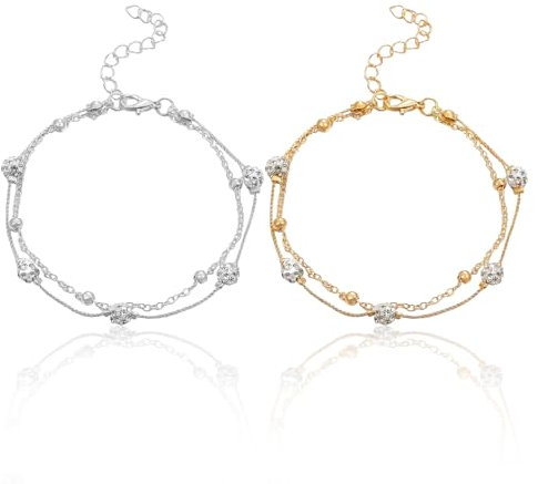 EHDWXVZM 2 Bracelets De Cheville Pour Femmes, Bracelets De Cheville Multicouches, Bracelets De Cheville Ornés De Cristaux, Bracelets De Plage, Bracelets De Cheville En Or Pour Femmes