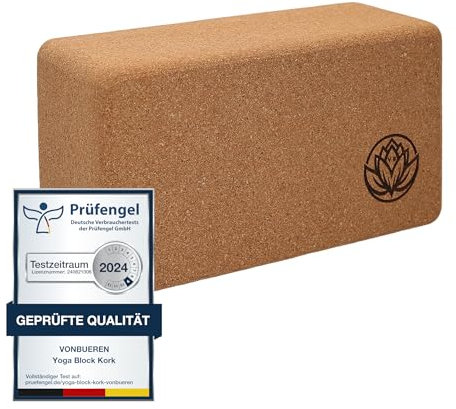Yoga Block 1er Set VonBueren | Yogablöcke aus Kork | 22 x 12 x 7,5 cm je Yogablock | Yogazubehör für Damen und Herren | Hatha Klotz | Yogaklötze