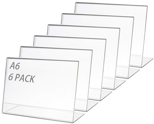 Lot de 6 A6 Présentoirs de Table, Porte Affiche A6, Acrylique Transparent Chevalet de Table, L-Standard Menu Dépliant en Acrylique pour Fiches Bureau, Publicité, Dépliant, Cadre Photo, Support Papier