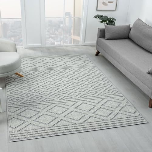 VIMODA Teppich Boho Hochflor Wohnzimmer, Schlafzimmer, Küche, Flur, Waschbarer Teppich 3D, Farbe:405Grau, Maße:160x230 cm