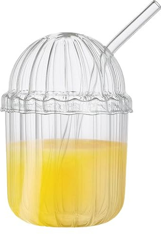 2PCS Verres à Boire Mignons avec Couvercle en Dôme en Verre et Paille Tasses à Smoothie Réutilisables à Large Bouche Tasse à Café Glacé en Verre Gobelet Tasse à Thé à Bulles en Verre for Coke Soda Bar