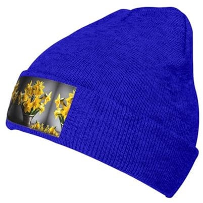 Strickmütze mit Narzissen-Motiv für den Winter, weich, warm, stilvoll und bequem für den täglichen Gebrauch, Blau, Einheitsgröße