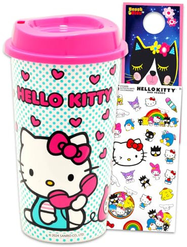 Hello Kitty Juego de tazas de viaje – Paquete con vaso Hello Kitty con tapa, calcomanías y más | Taza de viaje para niñas, adolescentes y adultos