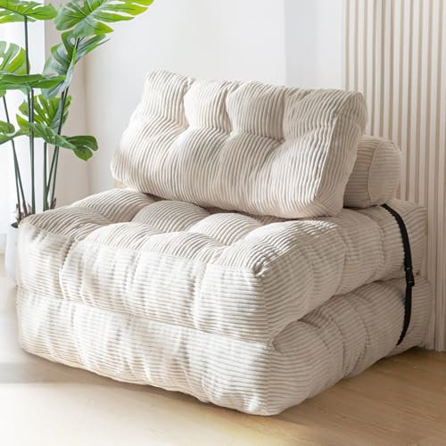 MAXYOYO Faltbares Schlafsofa umwandelbarer Schlafsessel mit Kissen, Matratze mit Rückenstütze, tragbarer Stuhl-Bett-Komfortable Bodensofa-Lounge für Wohnzimmer Schlafzimmer, Beige