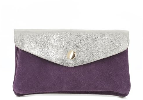 Double Tree - Porte-Monnaie Cartes Cuir Véritable Suède Irisé Femme - Portefeuille Sac Rangement À Rabat - Format Mi-Long Taill M - Léger Pratique - Violet Argent