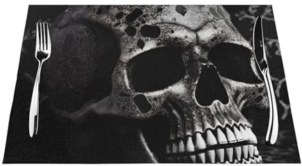 Platzsets mit schwarzem Totenkopf-Motiv, PVC, gewebt, hitzebeständig, für Küche, Esstisch, für drinnen und draußen, 45 x 30 cm, 1 Stück