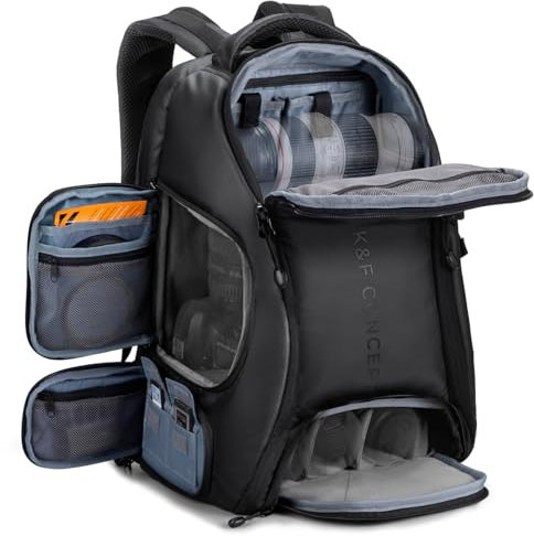 K&F Concept Kamerarucksack wasserdicht Fotorucksack für Canon Nikon Sony Spiegelreflexkameras, Drohne, Objektiv, Laptop, Stativ und Zubehör (2-Schwarz, 25L)