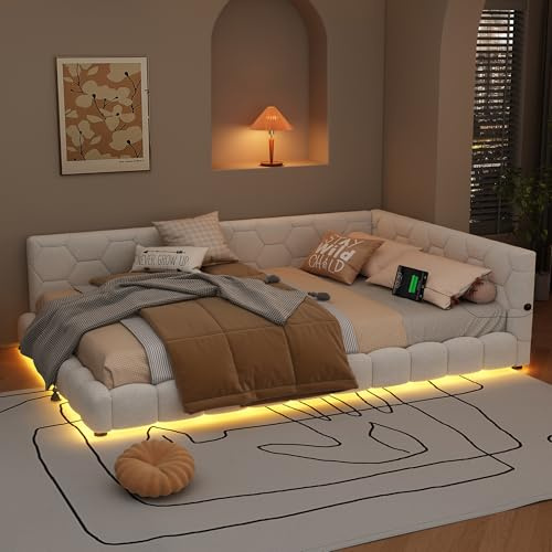 NovaFurnish Daybett, 140x200cm Tagesbett, Schlafsofa, Bett mit Lattenrost(ohne Matratze), 16 Farben Umgebungslicht, USB-Anschluss,Typ-C, Bequemes Material, Vliesimitat, Weiß