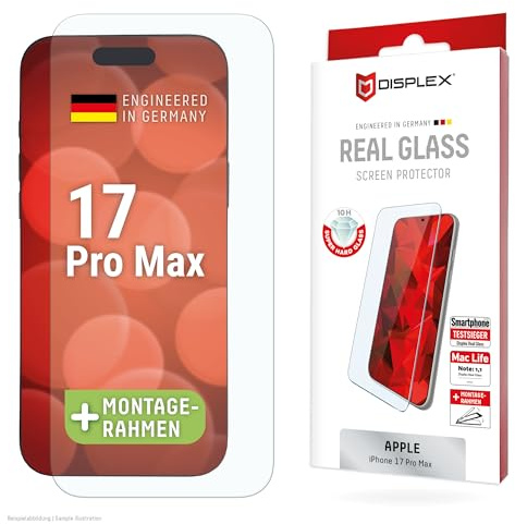 Schutzglas für iPhone 17 Pro Max (10H), kristallklar, mit Eco-Montagerahmen | DISPLEX Real Glass, 10H Panzerglas, Bruchschutz, extra-harte Kanten, kratzfest, Anti-Shock, kristallklar, hüllenfreundlich