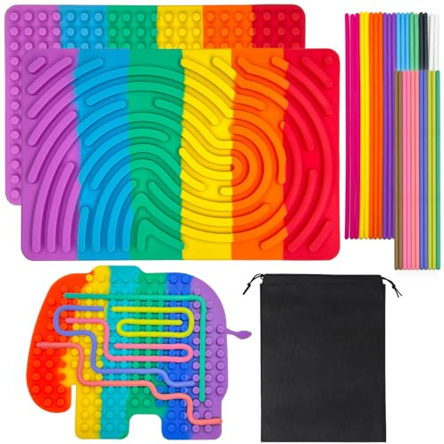 IETWATE 2PCS Sensory Activity Board, Silicone Push Peel Sensory Board, Dinosaur Fidget Board, Double Side Silicone Kids Sensory Toys with Portable Travel Bag and 31PCS Strings, for Kids 3+