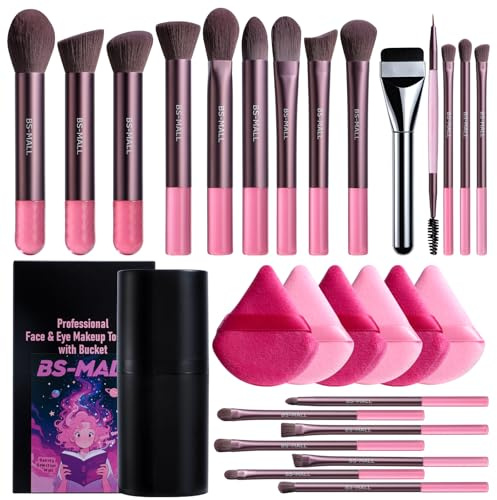 BS-MALL 21 Pcs Professional makeup brush set with foundation brush for liquid Makeup, eyeshadow Brush, concealer brush - Includes 6 Triangle Puffs & case for Even, Multi-purpose application (Pink)