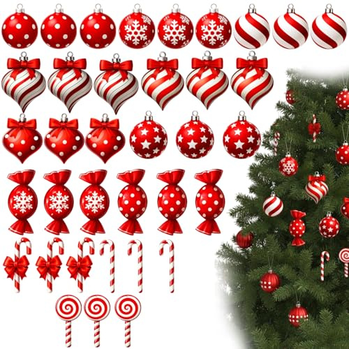 WaaRiuQ Candy Cane Christmas Decorations, 36-Piece Holiday Decoration Set with Red and White Candy Cane Lane Christmas Decor, Festive Christmas Sweets for Tree and Home