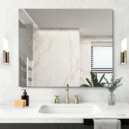 NIMURY Rechteckiger Wandspiegel, 90x75 cm rahmenloser Badezimmerspiegel mit geraden Ecken, rechteckiger Spiegel für Badezimmer, Schlafzimmer und Wohnzimmer, horizontal und vertikal montierbar