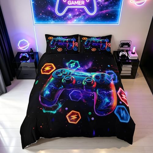 Homemissing Gaming Bettwäsche für Jugendliche Jungen 150x220cm Kinder Gamer Bettwäsche-Set Spielekonsole Controller Bettbezug mit Reißverschluss Game Geometrie Honeycomb mit 1 Kissenbezug
