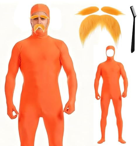 Loraxs Kostüm Herren Lustige Orange Ganzkörperanzug 3 Stück Karneval Ganzkörper Schnurrbart und Augenbrauen Set Open Face Cosplay Jumpsuit für Faschings Party Orangener Bodysuits Damen