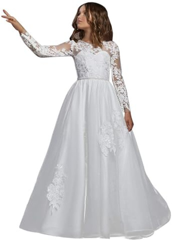 LECOYOYO Pizzo Ricamo Fiore Ragazza Abiti Tulle Manica Lunga Primo Comunione Abiti
