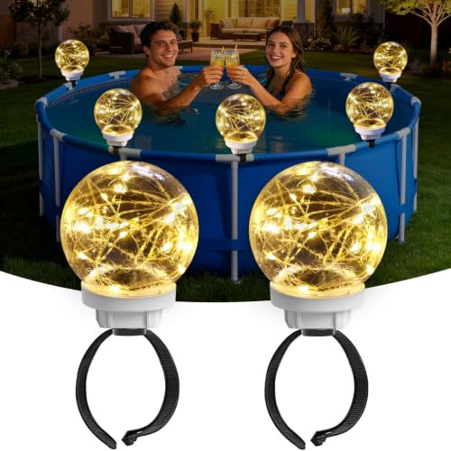 DeeprBling Lumière Piscine Hors Sol Solaire, 2 in 1 Lampe Flottante Piscine pour Metal Frame Pool, Étanche IP68 Éclairage Piscine avec 10 Lumière Modes,LED Boule Lumineuse Piscine pour Jardin-2 Pièces