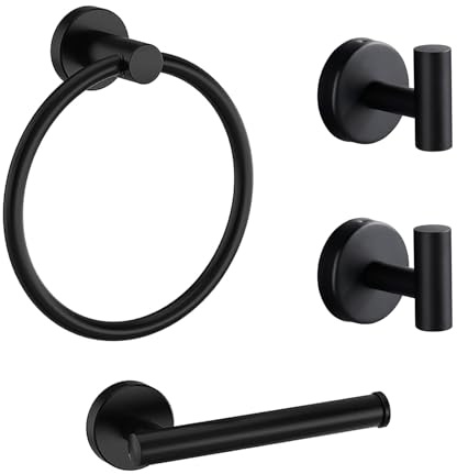 Betadistor Black Bathroom Hardware Set Towel Ring Toilet Roll Holder Coat Hook x 2, Stainless Steel 4-Piece Bathroom Accessories Set, Wall Mounted Matte Black