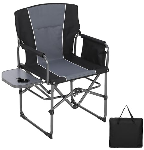 GarveeMore Chaise de Camping Pliante Type réalisateur XXL pour Adultes, 180 kg Max - Dossier Haut - Tablette latérale + Poche de Rangement - Plage/pêche/Pique-Nique - Noir liseré + Dossier Gris