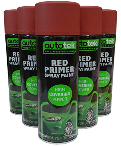 Autotek (PACK OF 5) 500ml Red Primer Acrylic Spray paint High Build for Metal, Plastic,
