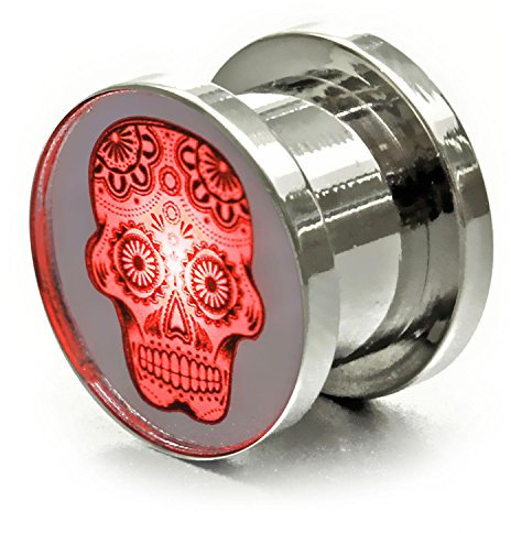 LED Totenkopf Flesh Tunnel Ohr-Plug/Skull Flesh Leuchtender Plug Tunnel Piercing mit Licht Länge 8 mm, Farbe Rot