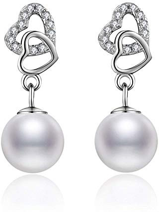 Abiguell Damen Perlen Ohrstecker Set Basic 925 Sterling Silber mit Perle, Herz Ohrringe mit Edlen Schmuck Geschenk-Paket