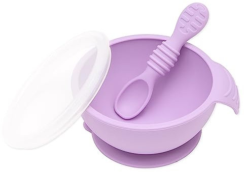 Bumkins Suction Silicone Baby Feeding Set, Bowl, Lid, Spoon, BPA-Free, First Feeding, Baby Led Weaning - Lavender