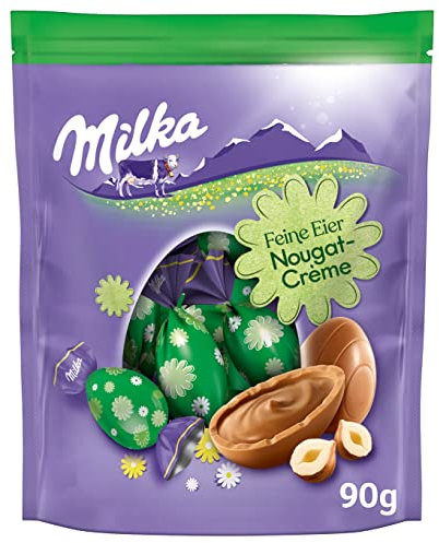 Milka Feine Eier Nougat-Créme – Zarte Alpenmilch-Schokolade mit cremiger Nougatfüllung – Osterschokolade – 90g