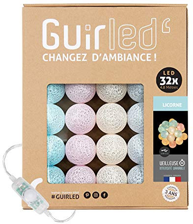 GuirLED - LED-Lichterkette Kugeln Baumwolle USB – Nachtlicht Baby 2 Stunden – Netzadapter – 3 Intensitäten – 32 Kugeln 3.2m – Einhorn