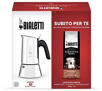 Bialetti New Venus Coffee Pot 6 Cups + Perfect Ground Coffee Moka 200g Hazelnut Flavour Gift Box, Stainless Steel