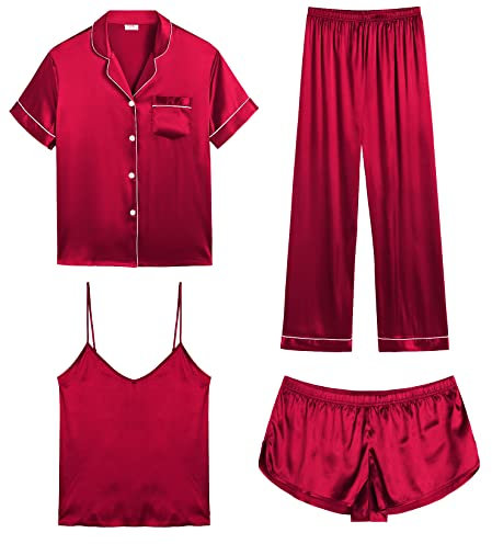 SWOMOG Pyjama Set for Women 4pc Silk Satin Pyjamas Sleepwear Set Bridesmaid Pj Set Soft Loungewear Pjs Red