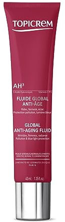 Topicrem - AH3 Fluide Global Anti-Âge - Soin Visage Anti-Rides, Fermeté et Éclat, Hydrate 24h - Peaux Sensibles Adultes - Fluide à Base d’Acide Hyaluronique, Vitamines C et E et Dipeptide - 40 ml