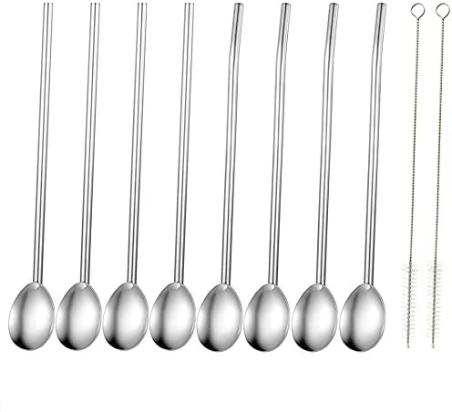 TSWRK 8 Pcs Stainless Steel Spoon Straws, 8.5 Reusable Spoon Straws for Cereal, Smoothies, Milkshakes