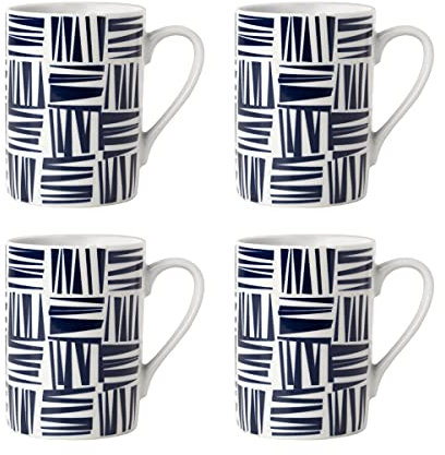 Sabichi Brooklyn Navy Blue Mugs Set of 4-350ml Coffee Mugs - Microwave & Dishwasher Safe Mug Set - Durable & Modern Design - Home & Office Use - Porcelain -Blue and White Geometric Print