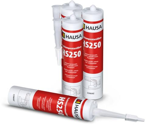HAUSA Hochtemperatursilikon HS250 schwarz 4 x 300ml dauerelastische hitzebeständige Dichtmasse +305°C Dichtstoff zum Kleben Abdichten von Öfen Kochfeldern Motoren schnellhärtend ölbeständig