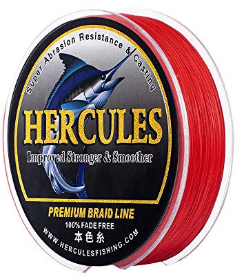 HERCULES Farbechte Geflochtene Angelschnur, 2000m PE Geflochtene Schnüre, 8 Stränge Multifile Angelschnur, 90lb Test für Salzwasser und Süßwasser, Rot, 90lb, 2000m