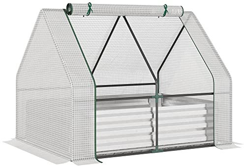 Outsunny Huerto Urbano con Invernadero Invernadero de Exterior 127x95x92 cm Tipo Caseta con Arriate de Acero Interior Ventana Enrollable y Cubierta de PE 140 g/m² para Cultivos Plantas Flores Blanco