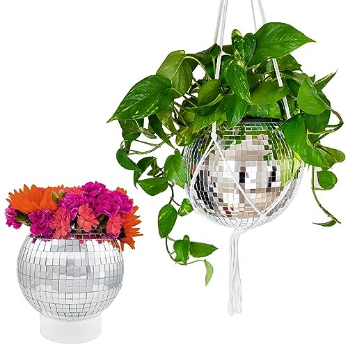 Havenstone Home Hanging Disco Ball Planter 8 - with Acrylic Stand and Macrame Plant Hanger - Home Décor, Room Décor, Mirror Disco Planter, Disco Decor (10 with Base)