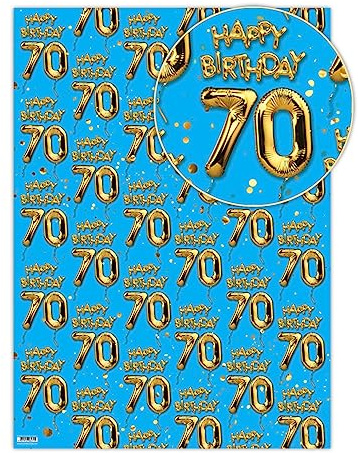 Brainbox Candy - 2 Bögen lustiges Geschenkpapier zum 70. Geburtstag – Blau Gold Ballonfolie – Siebzig Geschenkpapier für Sie und Ihn, Herren, Damen, 70. Geburtstag – gefaltete Qualitätsfolie