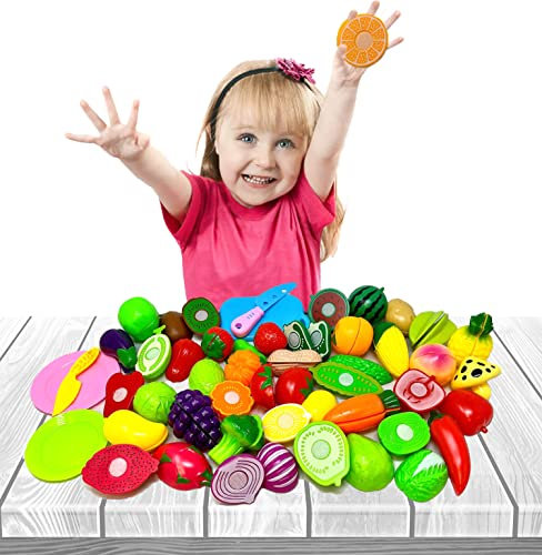 Koolbitz 71 PCs Pretend Play Fruit & Vegetable Cutting Toy Set - Educational Kitchen Play Food Set for Kids, Non-Toxic Plastic, Includes Knife & Tray, Perfect for Toddlers, Boys & Girls, Ages 3+