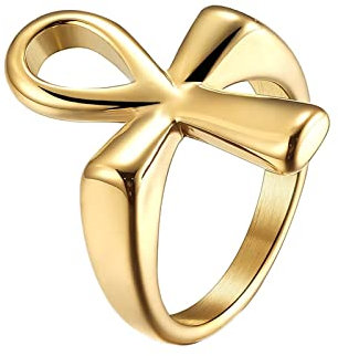 KnBoB 26MM Herren Edelstahl Ring, Gold Kreuz Ankh Ring Partnerringe Größe 57 (18.1)